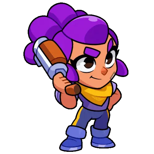 Personaje Shelly de Brawl Stars, saltando en el fondo